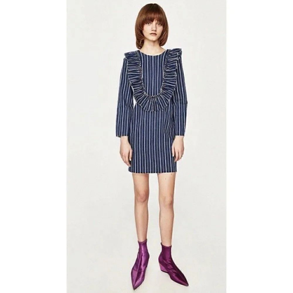 Zara New Blue White Striped Denim Jean Long Sleeve Mini Dress 5520/18/401/3